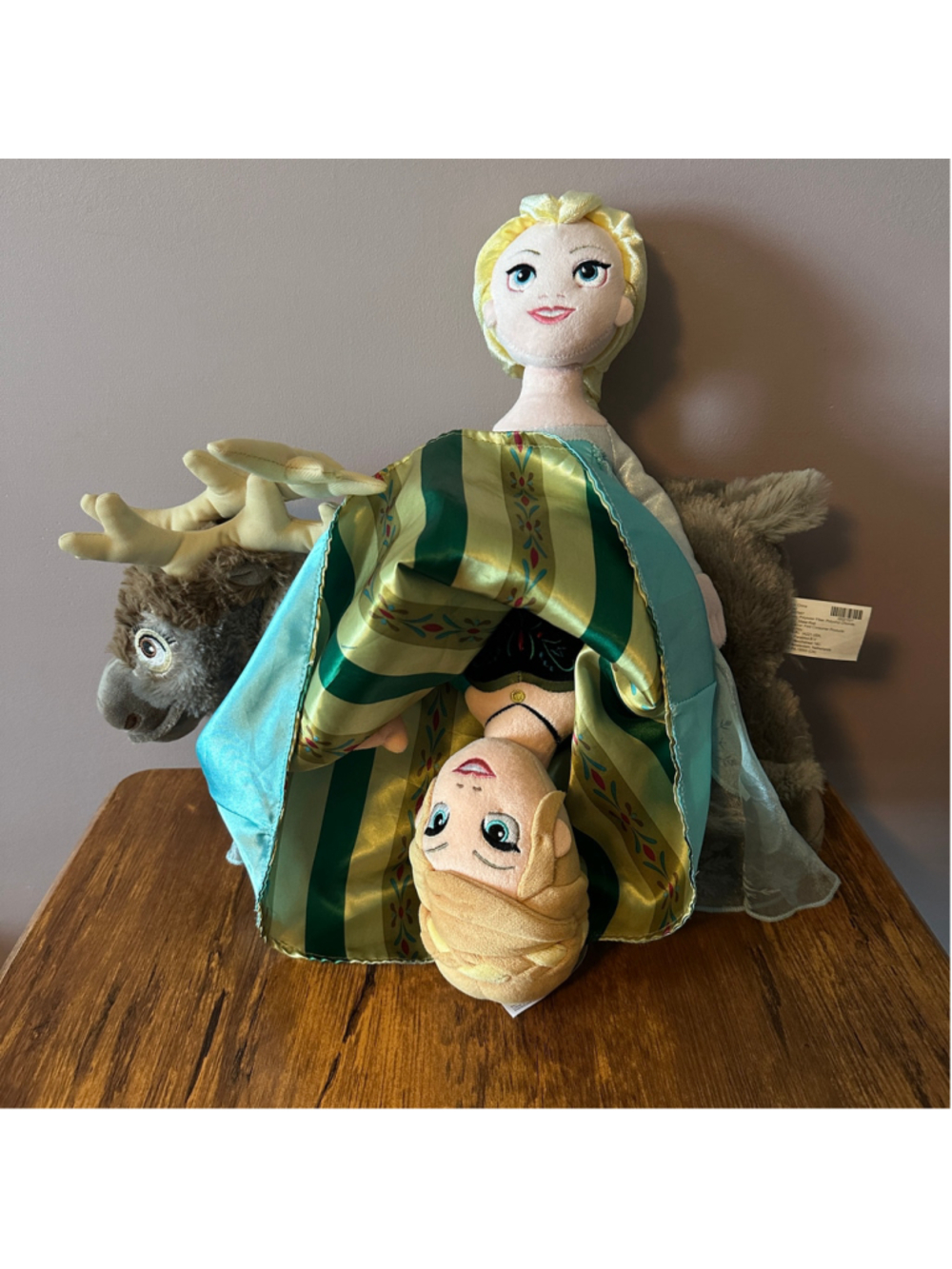 Disney Frozen Elsa Anna Reversible Plush + Sven Reindeer Set Blue Brown Official